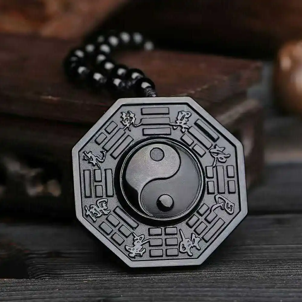 100% натуральный черный обсидиана резной китайский амулет BaGua кулон + ожерелье