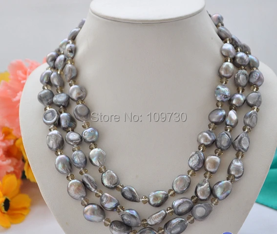 

Jewelr 003525 3row 18" gray baroque freshwater cultured pearl Smoky quartz necklace