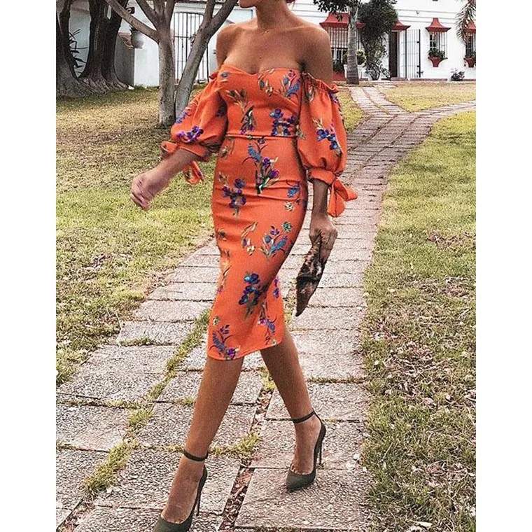 

Women Off Shoulder Floral Print Sexy Dress Streetwear Slash Neck Lantern Sleeve Bodycon Knee-Length Dress Orange Summer Dresses
