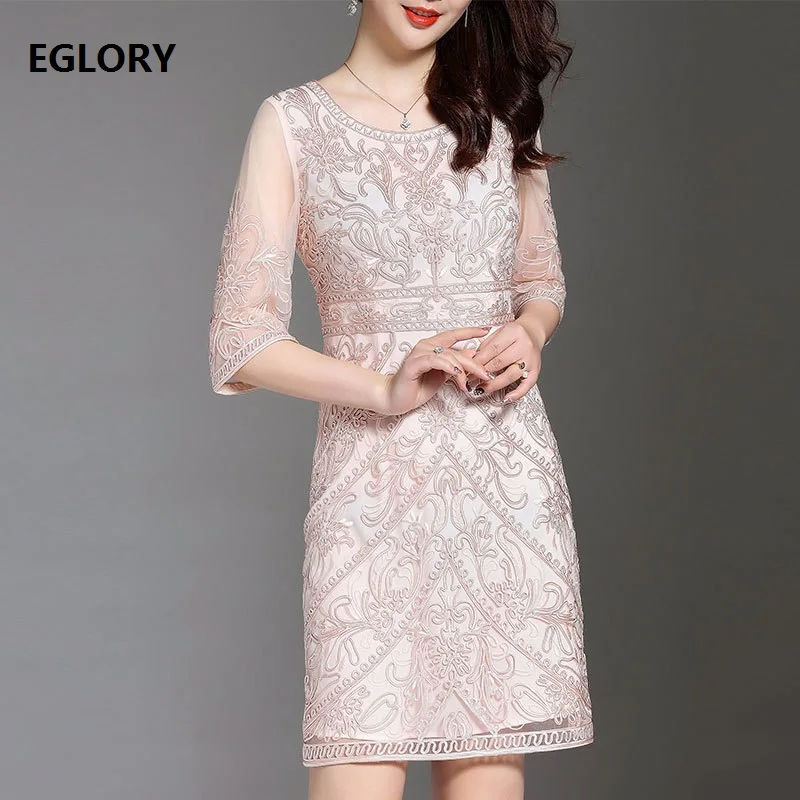 

2018 Spring Summer Designer Lux Women Allover Embroidery Sexy See Through Sleeve Slim Fitted Bodycon Sheath Dress Vestido M-4XL