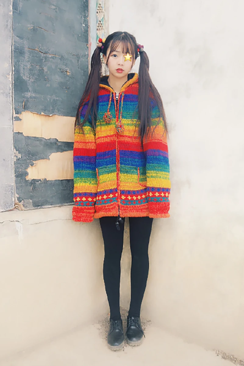 Free Shipping 2019 Rainbow Straight 100% Wool Women Plus Size M-2XL Vintage Indie Folk Thick Warm Fleece Hand Made Sweaters Free Shipping 2019 Rainbow Straight 100% Wool Women Plus Size M-2XL Vintage Indie Folk Thick Warm Fleece Hand Made Sweaters