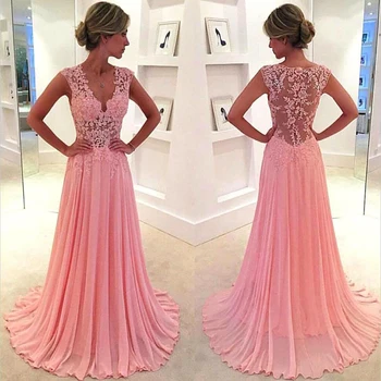 

Elegant Vintage Sweety Blush Pink Evening Dresses 2019 Prom Dresses V-Neck Sheer Lace Chiffon A Line Long Prom dress