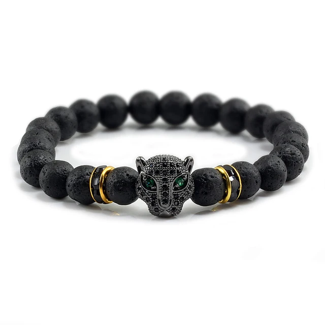 Pulsera de Lava negra, Reiki, Buda, piedra Natural, cabeza de leopardo.