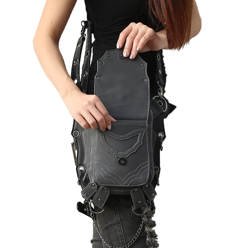 Steampunk Cool Men Retro Rock Waist Bags Belts Fashion Gothic Bags Wings Chain Black Leather Shoulder Bags With Zipper Pockets