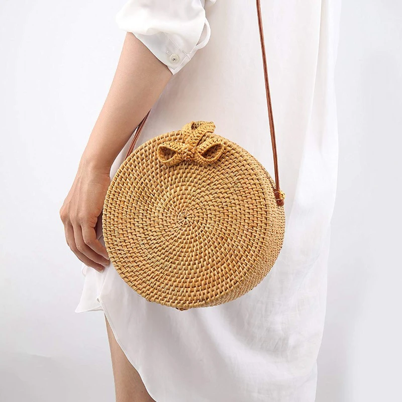 بالي خمر اليدوية Crossbody حقيبة جلدية جولة حقيبة شاطئية الفتيات دائرة كيس الروطان صغيرة البوهيمي حقيبة كتف