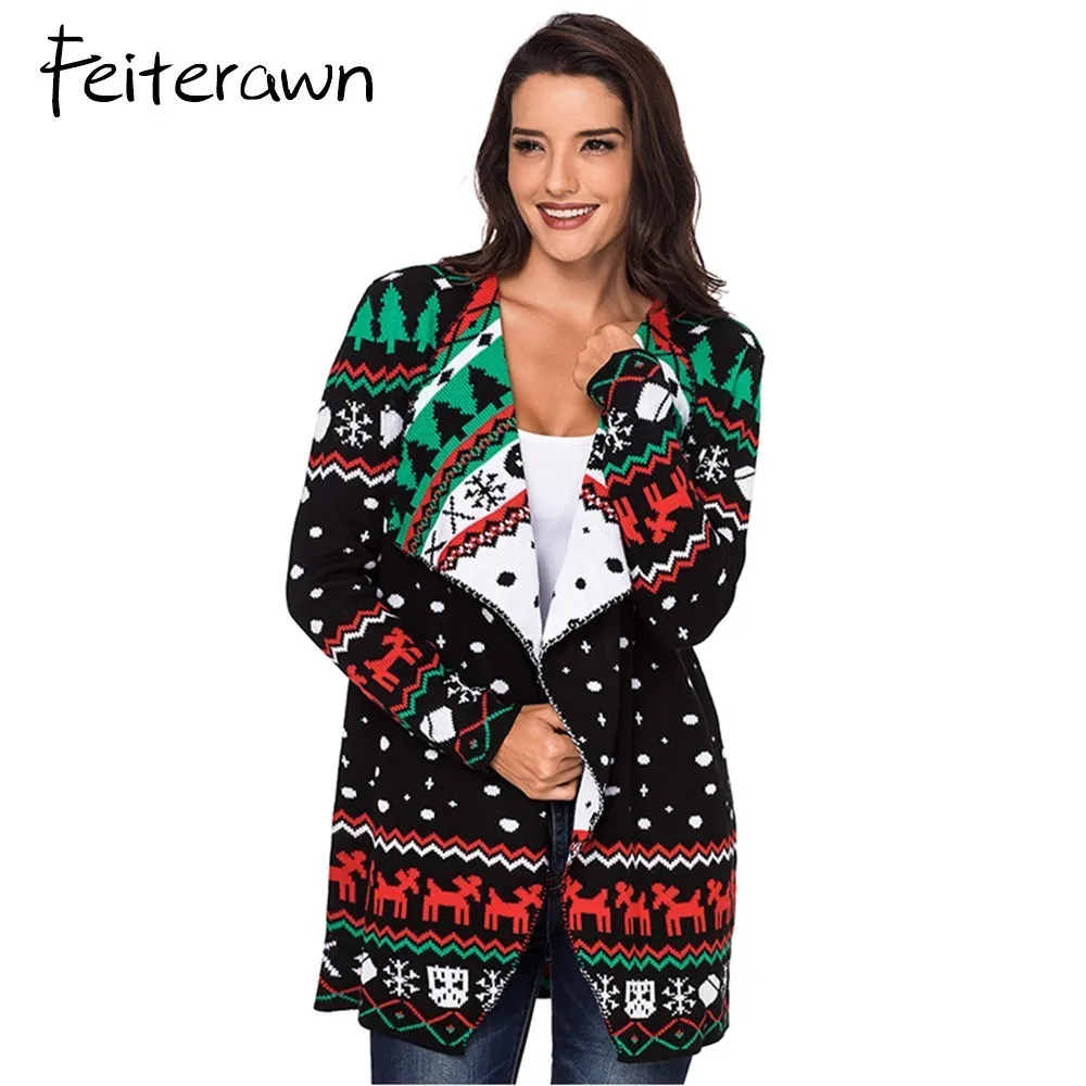 Feiterawn 2018 шерсть новая распродажа отложным воротником Для женщин свитер кардиган и пончо Рождественский пальто свободного кроя с принтом