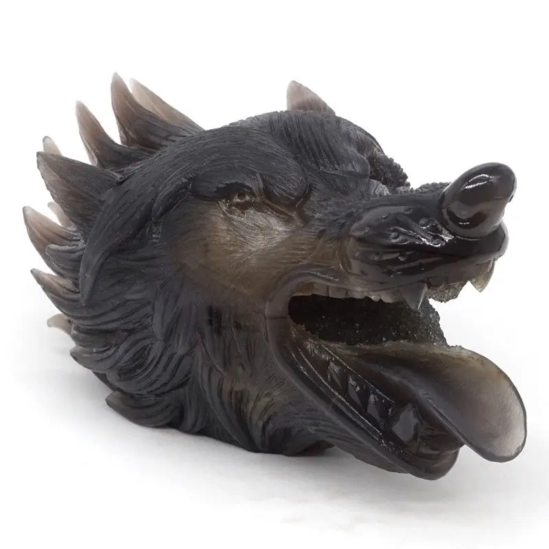 

Wolf Head Statue Natural Gemstone Geode Agate Carved Figurine Home Ornament7.99