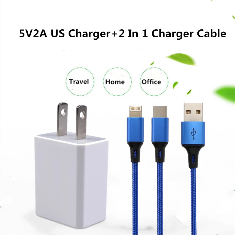 

5v 2A Charger Plug Wall Charger Adapter For Iphone 2 IN 1 USB Cable For Mobile Phone Micro USB Type C Charger Cable For Huawei