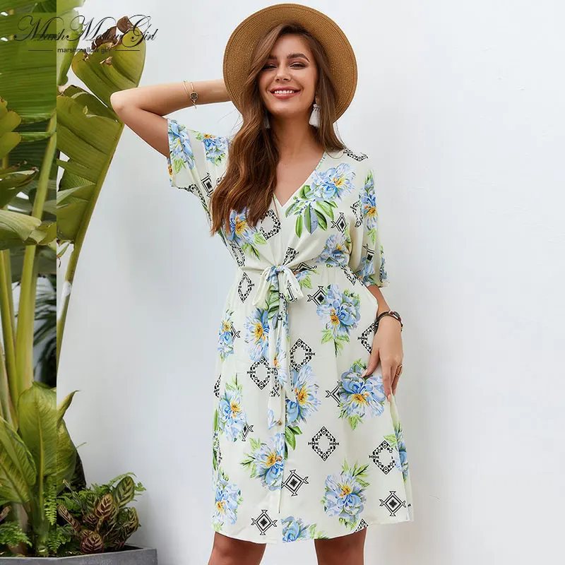 

Sexy Distinguished deep v neck Dress Women boho style flower print Dress butterfly sleeve Summer Evening reception party Dress