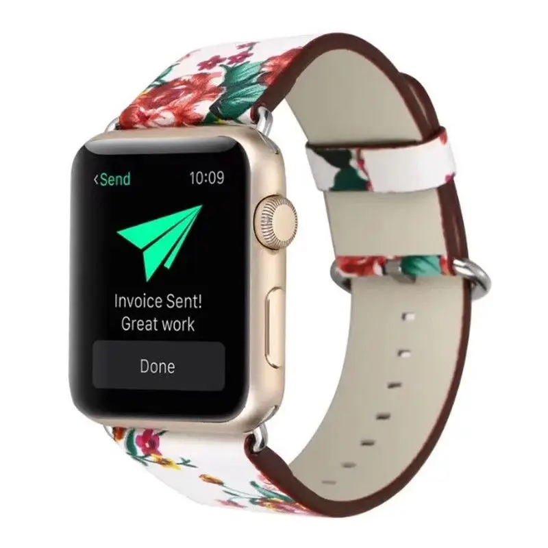 Кожаный ремешок с национальным цветочным принтом для iwatch, ремешок для Apple Watch, серия 4, 3, 2, 1, ремешок, 38, 40, 42, 44 мм, браслет на запястье с цветами