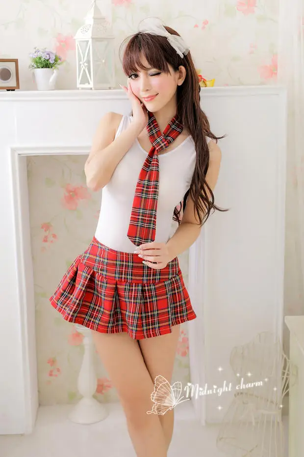 Free Size Costumes Slim Sleeveless Red Plaid School Girl Jumpsuit 