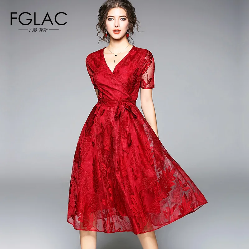 Goede FGLAC Vrouwen jurk Nieuwe 2018 Lente korte mouwen lace jurk Elegante Slanke Hoge taille vintage jurk hol feestjurk
