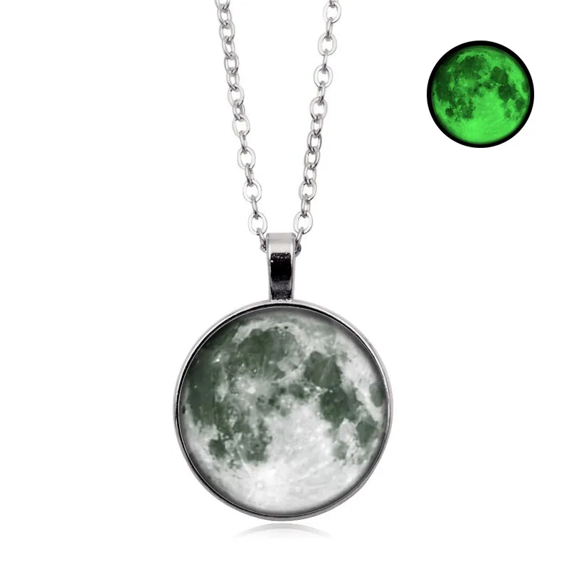 Hot sale Glow In The Dark Moon Pendant Necklace Galaxy Planet Glass Cabochon Luminous Jewelry Silver Chain Necklace Women - Окраска металла: 6