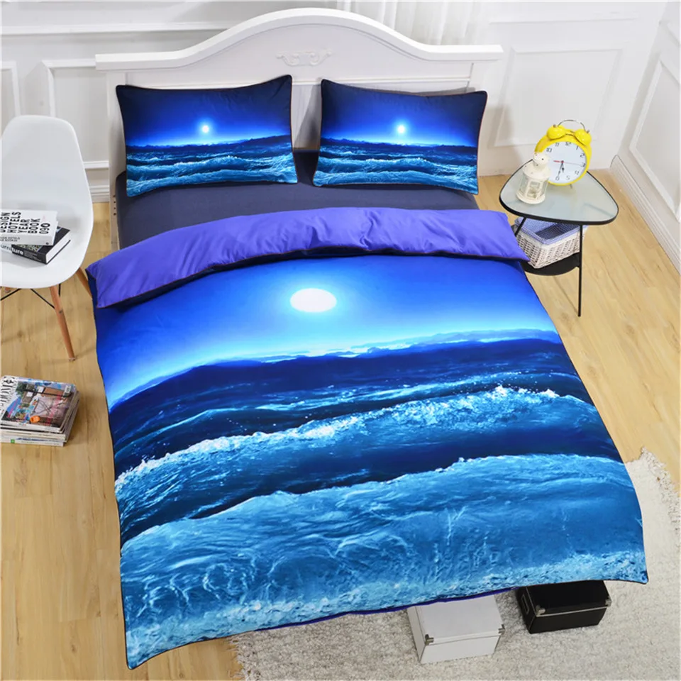 

Reactive print does not fade moon and ocean bedding set cool 3D print duvet cover pillowcase home textile soft blue bed