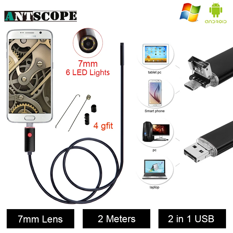 Armgroup USB Android Endoscope Camera Inspection 2M Android Borescope 7MM Lens 6 Led Lights PC USB