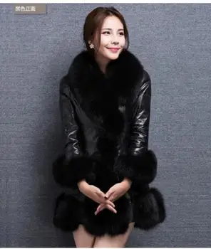 

S/4Xl Womens Autumn Winter Pu Leather Fur Patchwork Jackets Long Section Female Casual Leather Overcoats Plus Size Clothes K455