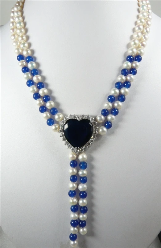 

2 rows 7-8MM White Genuine Freshwater Pearl blue jade bead+ heart -shaped black crystal pendant necklace 18inches