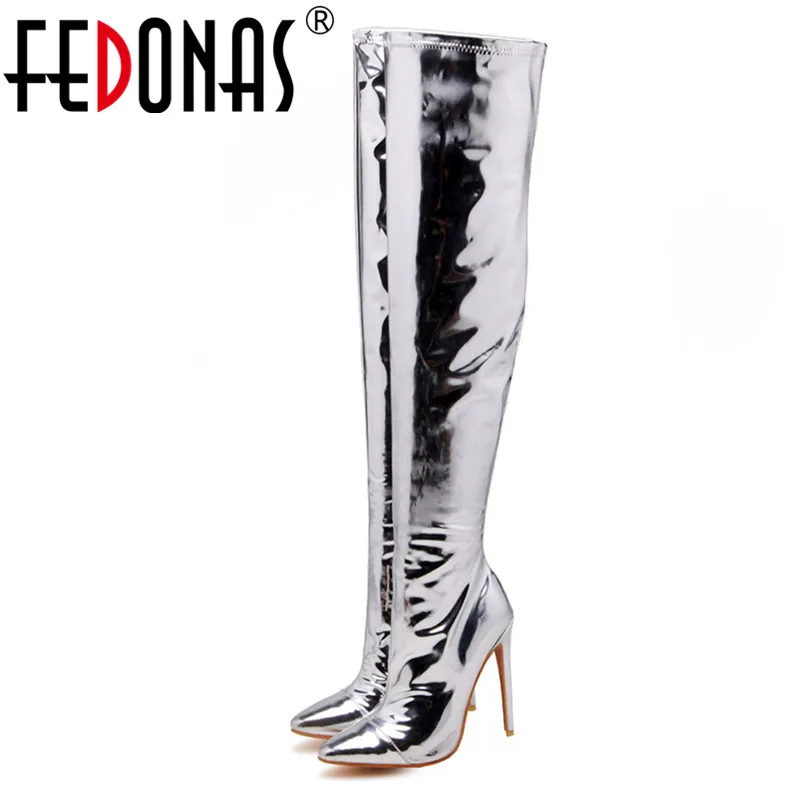 

FEDONAS New Women Over The Knee High Boots Autumn Winter Silver Knight Boots Thin High Heeled Wedding Party Shoes Prom Pumps
