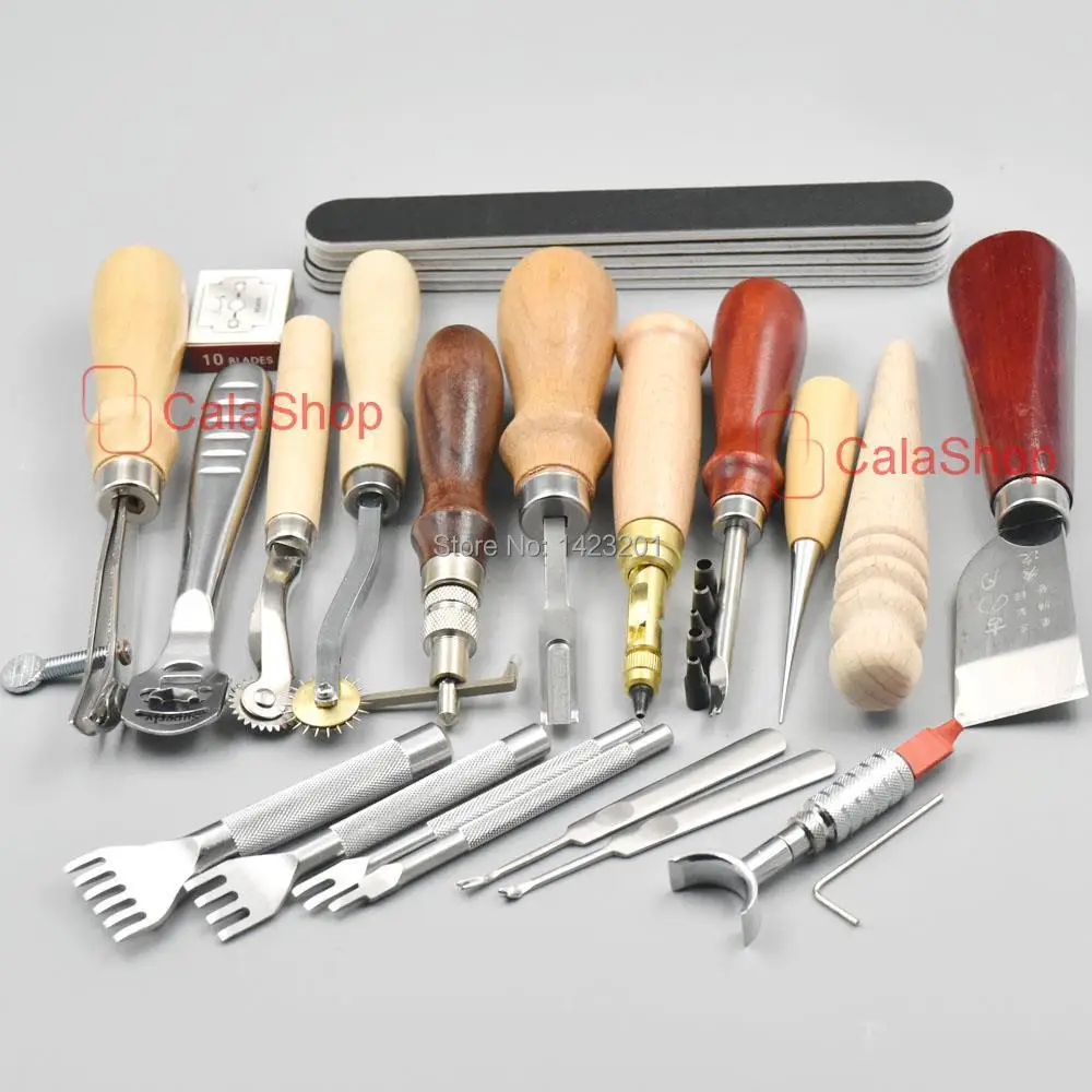 PROD 32652181144 1 Set / Lot 14 style Edge Kit Punch Groover Carving
Beveler Slicker AWl Rotate Leathercraft DIY Tools