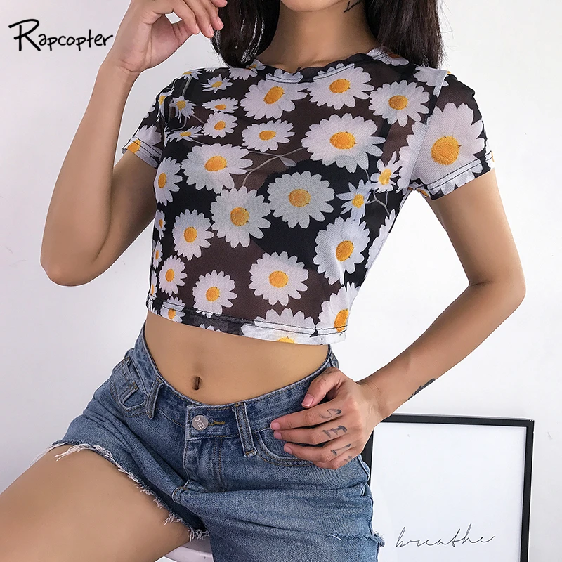 

Rapcopter Floral Graphic Short Sleeve Cropped T-shirt Sexy Transparent Mesh Top Woman Tshirt Casual Summer Tees Shirt Women Tops