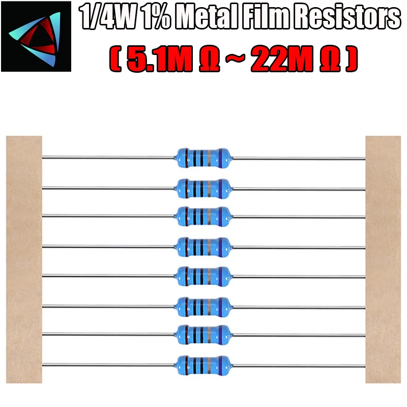 100 шт 1/4 W 1% Металл пленочные резисторы 5,1 м 5,6 м 6,2 м 6,8 м 7,5 м 8,2 м 9,1 м 10 м 12 м 18 M 20 M 22 Ом