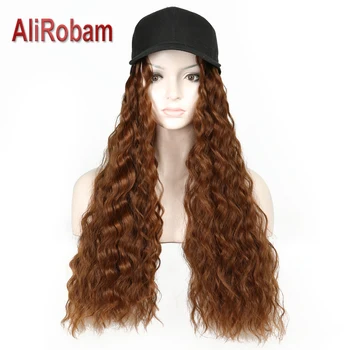 

AliRobam Long Curly Hat Wig Black Brown Adjustable Wigs And Hat Naturally Connect Synthetic Hair For Women Headgear