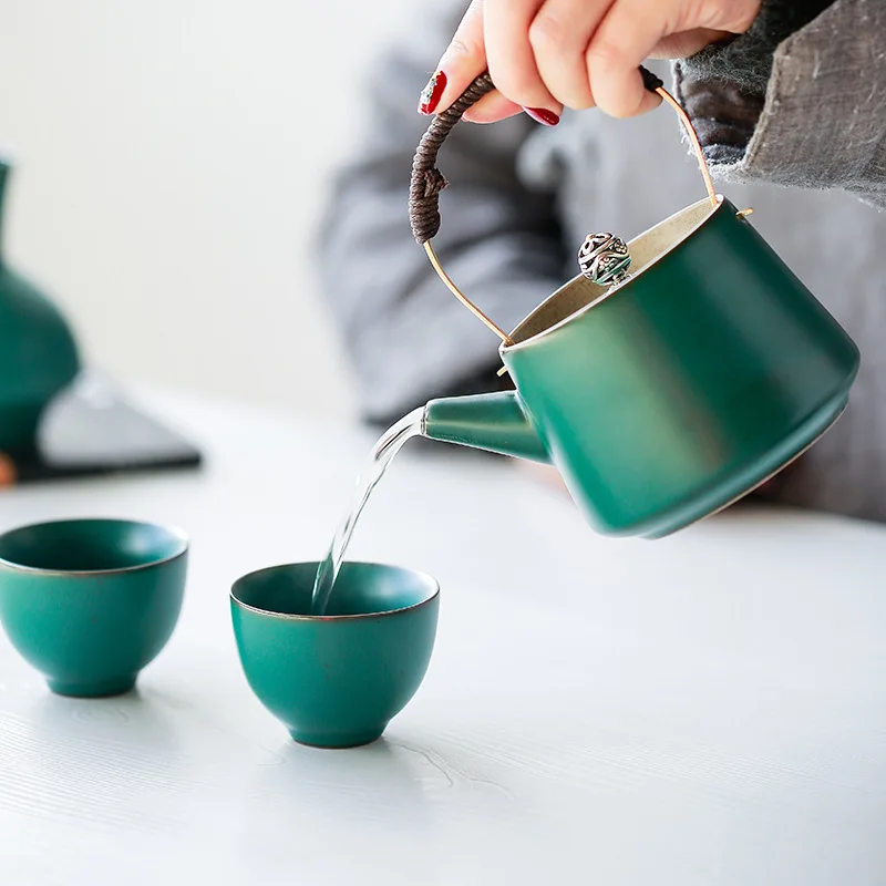 

Japanese Pottery Antique Teapot Household Retro Ceramic Tea Pot Kettle with Copper Handle Drinkware Pots