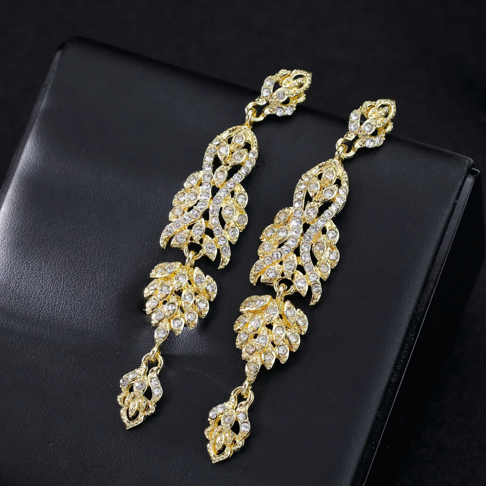 Модные серебряные/золотые металлические длинные серьги, романтические стразы в форме листа, серьги для невесты, свадебные индийские ювелирные изделия