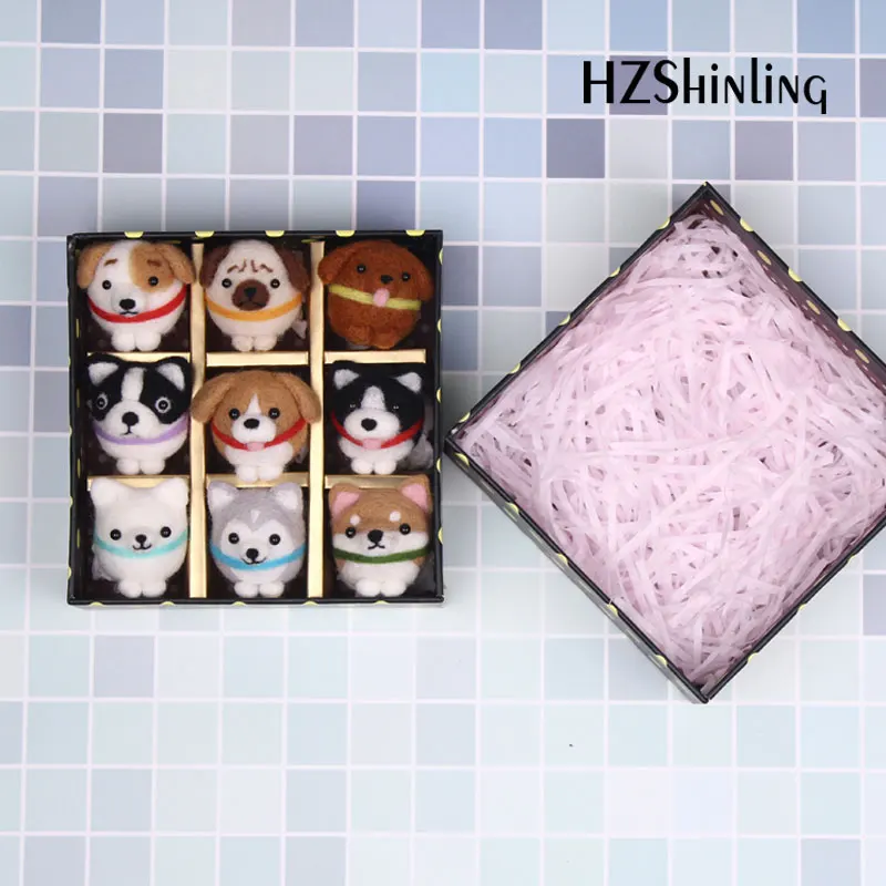 Non-Finished 9 Dogs DIY Wool Felting Package Handmade Shiba Inu Dog Toy Doll Wool Felt Poked Kitting For Stitch Needle Beginner