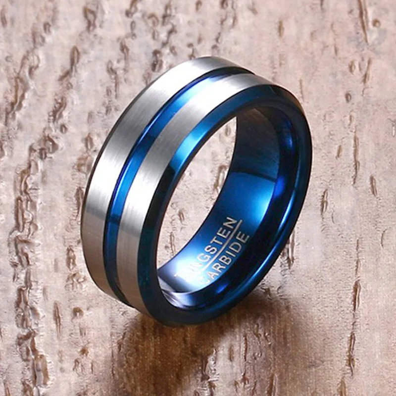 Vnox 6/8mm Silver Blue Tungsten Ring for Men Wedding Band