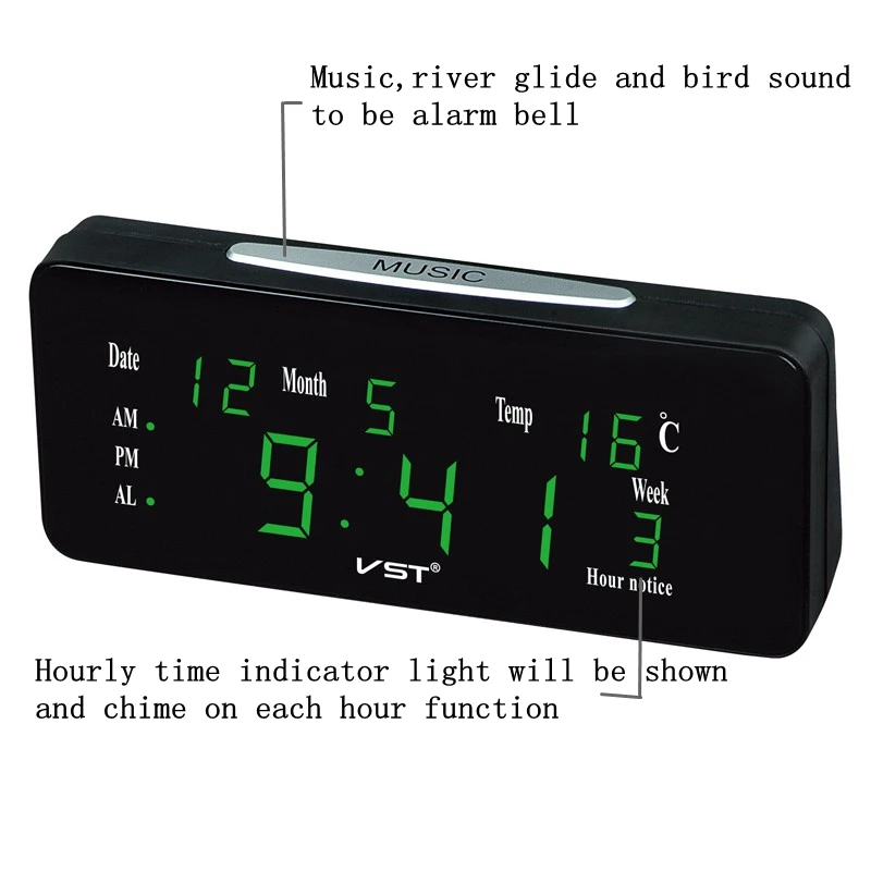 Многофункциональные Светодиодный Настольные часы с календарем, ежечасный звонок, светодиодный Электронный Настольный будильник с музыкальным будильником
