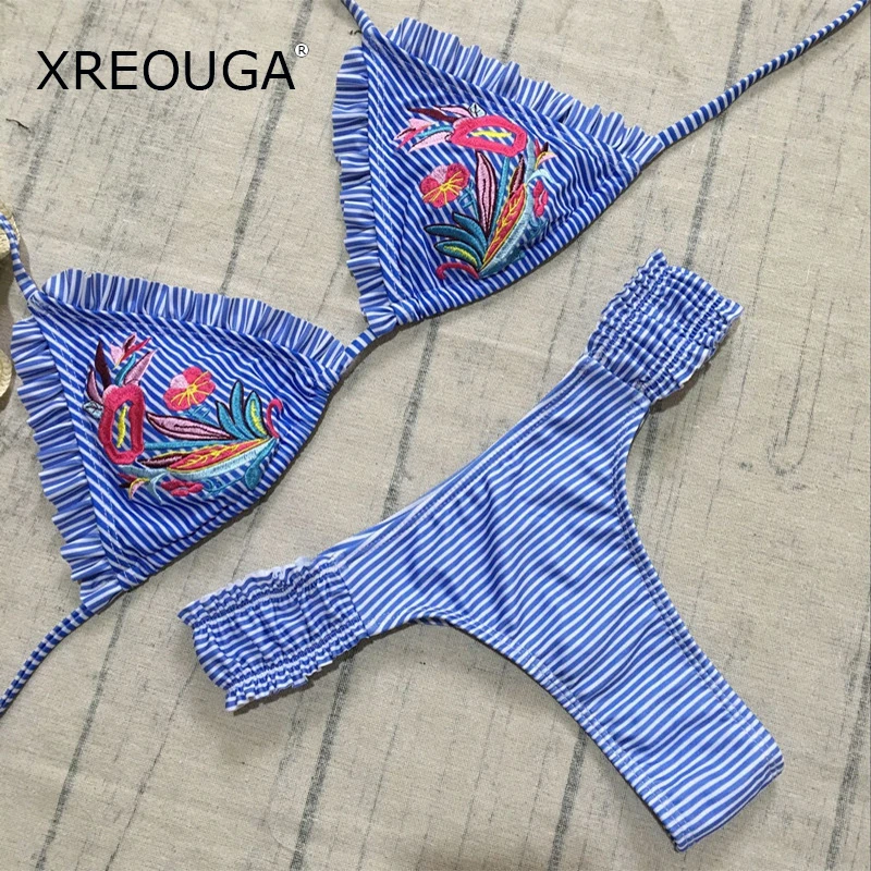 

XREOUGA Embroidery Floral Print Bikini Suits Woman New Swimwear Brazilian Ruffles Swimsuit Bandage Monokini Lady Maillot De Bain