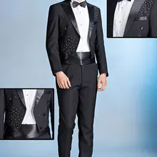 Настоящие мужские черные/белые Стразы бисером смокинг ласточкин хвост куртка для выступления/вечерние/сценическое представление/куртка и брюки и галстук-бабочка