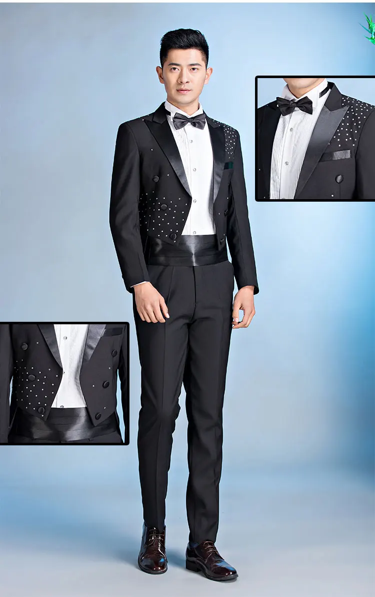 100%real mens black/white rhinestone beading tuxedo