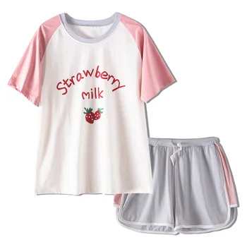 

Summer New Cotton Korean Lovely Printing Pajamas Round Neck Loungewear Women Pyjamas Short Sleeve Sleepwear Sets Home Clothes