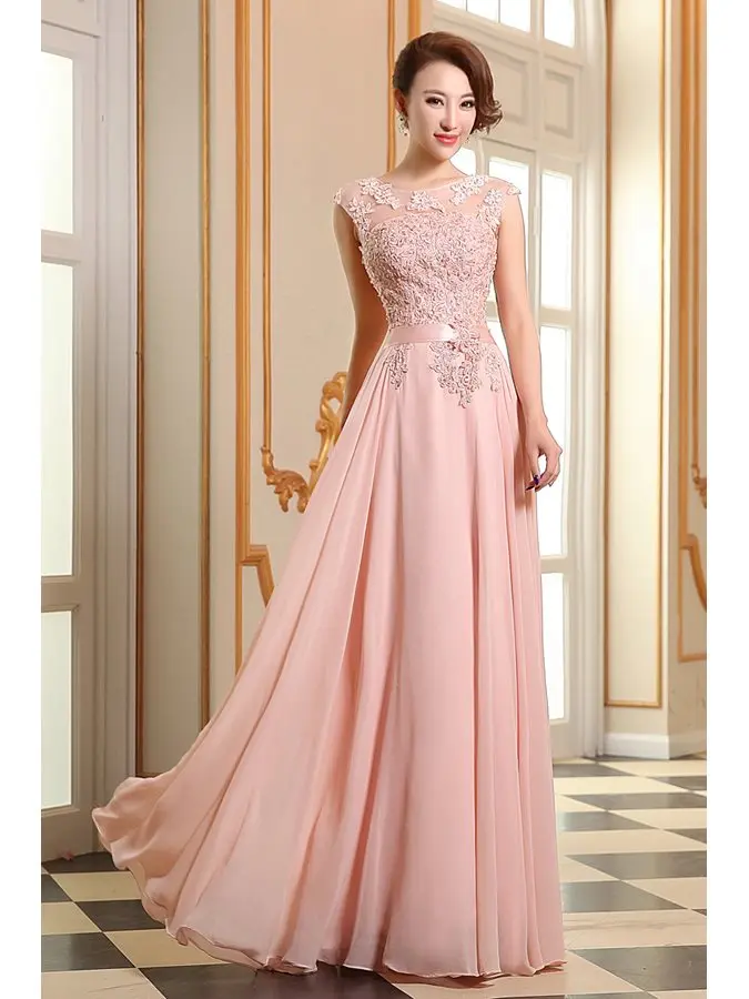 

Ensotek 2019 New Scoop Appliques Lace-up Floor-Length Chiffon Prom Dress Pink Evening Formal Dress Vestidos de Festa Cheap
