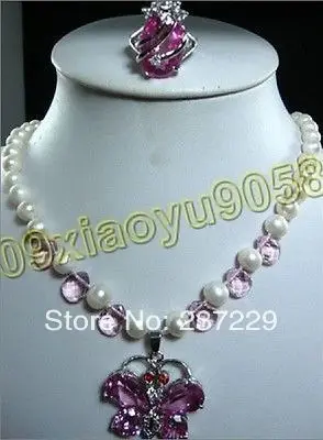 

Wholesale price FREE SHIPPING aWhite Pearl Pink CZ Necklace Ring butterfyl Zircon Pendant Set