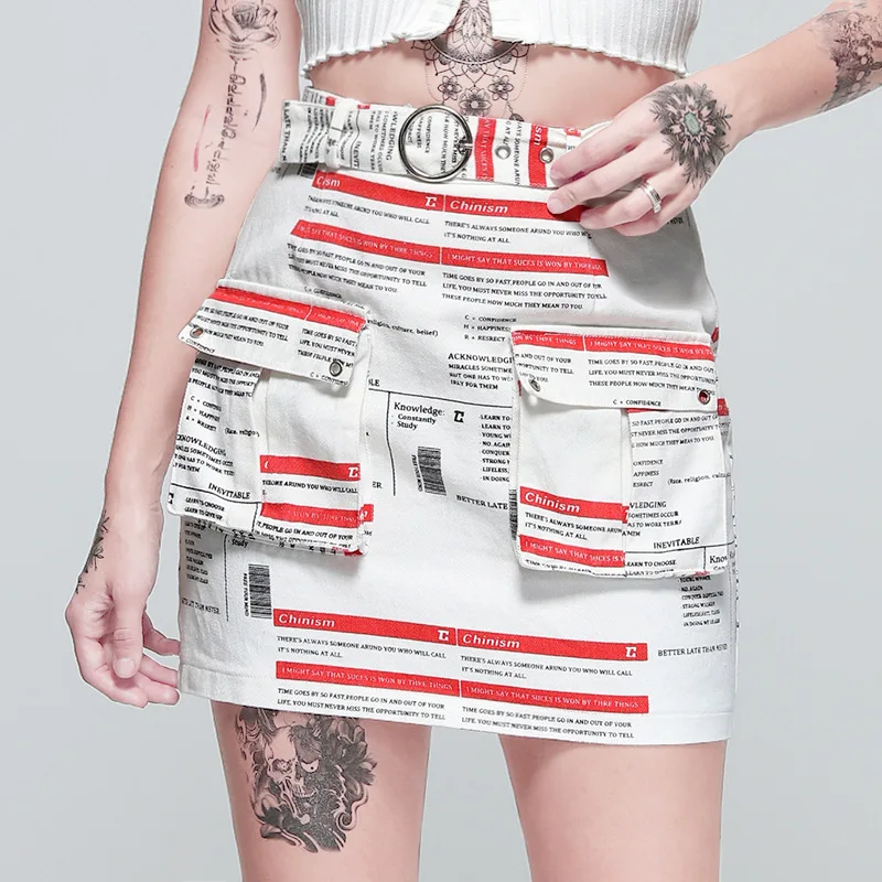 

Newspaper Pattern Sexy Mini Skirt Women High Waist A-line Short Summer Fashion Skirt Letter Print Pocket Skirts Harajuku Mujer