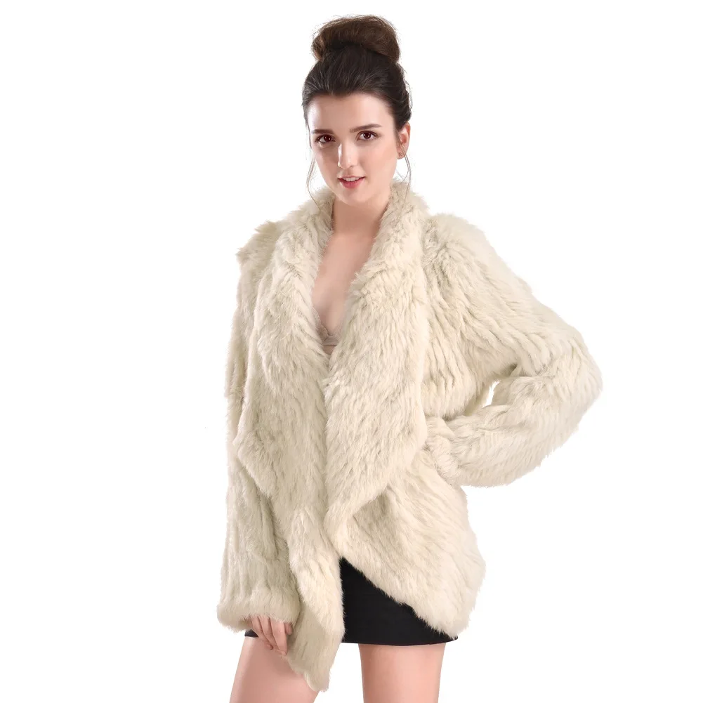Женская одежда натуральный вязаный кроличий мех пальто модные меховые куртки зимняя теплая верхняя одежда меховой отложной воротник кардиган стиль