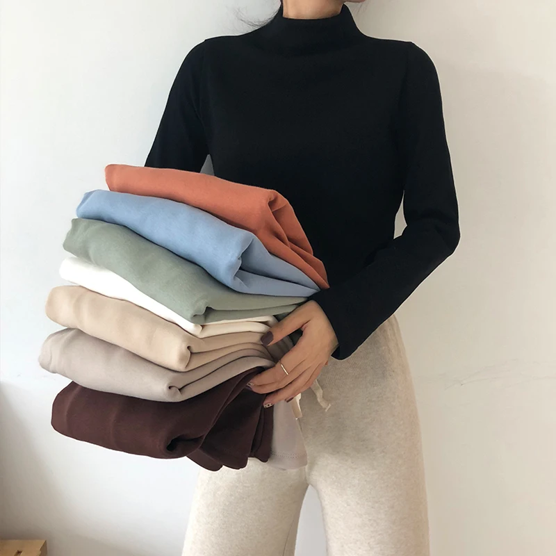 

Autumn Winter Turtleneck Thicken Shirt Candy Colors Solid Full Sleeve Women Tops Shirts Chic Korea Style Female Warm T-shirts