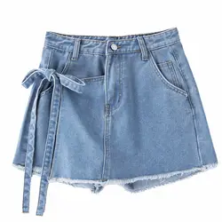 Повседневная джинсовая юбка с высокой талией, Женская Сексуальная мини-юбка со шнуровкой и бантиком, разорван нерегулярный, большие