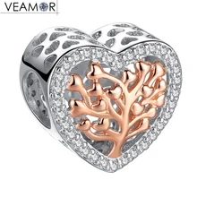 

VEAMOR Rose Gold Color Tree Of Life Heart Charms Beads Fit Pandora Bracelet DIY Original 925 Sterling Silver Family Tree Jewelry