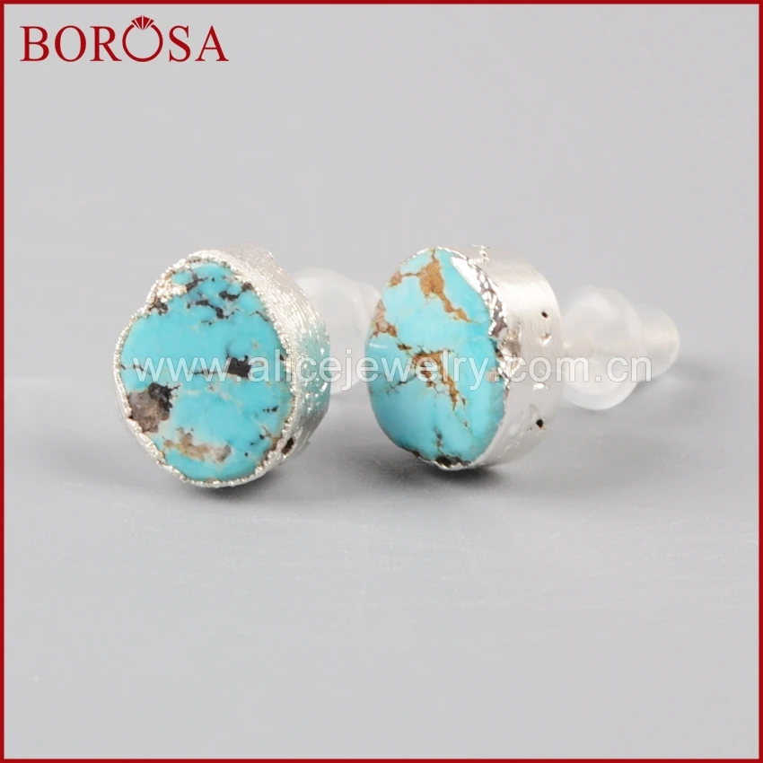 

BOROSA Freeform 100% Turquoises Fashion Earrings Pure Silver Color Stone Stud Earrings Druzy Jewelry for Women SS043