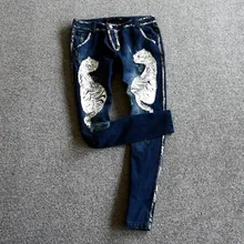 Высокое качество, весна-осень, джинсовые штаны, женские леопардовые джинсы с золоченым принтом, джинсы с бисером, уличная одежда, джинсы, брюки NZ16