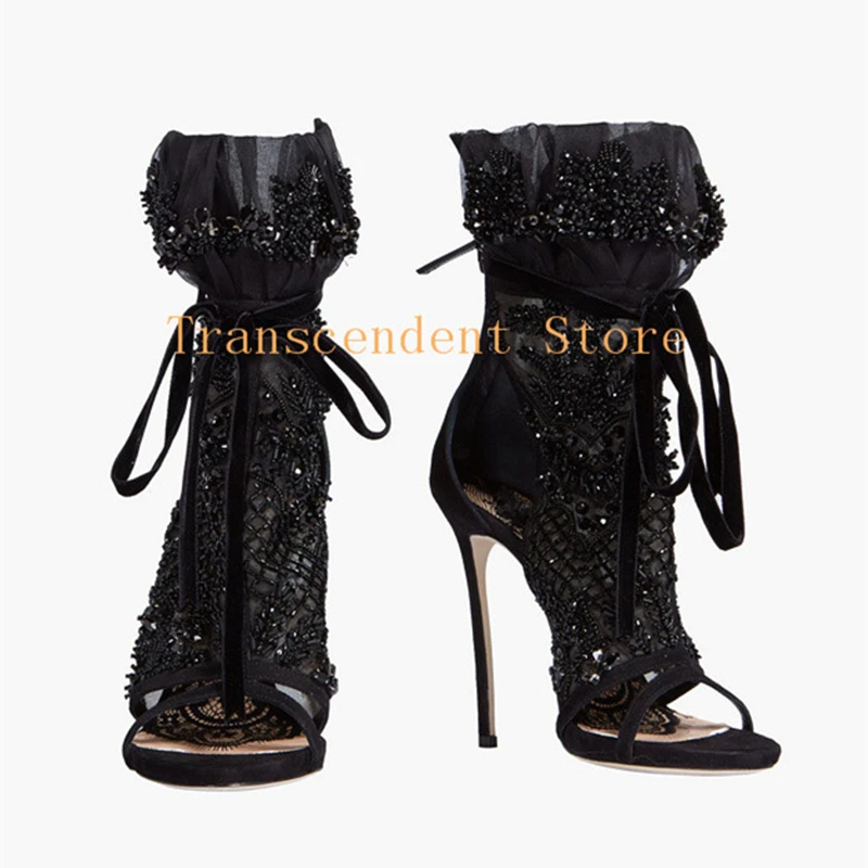 

Crystal Beads Sexy Black Women Zipper Ankle Boots Open Toe High Heel Lace Up Party Women Shoes Summer Mesh Cut-outs Sandals