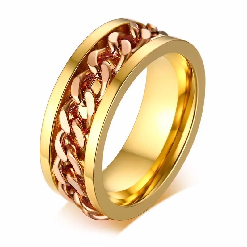 8 мм Спиннер кольцо для мужчин нержавеющая сталь Куба цепи свадебные мужские антистресс ювелирные изделия - Цвет основного камня: Gold