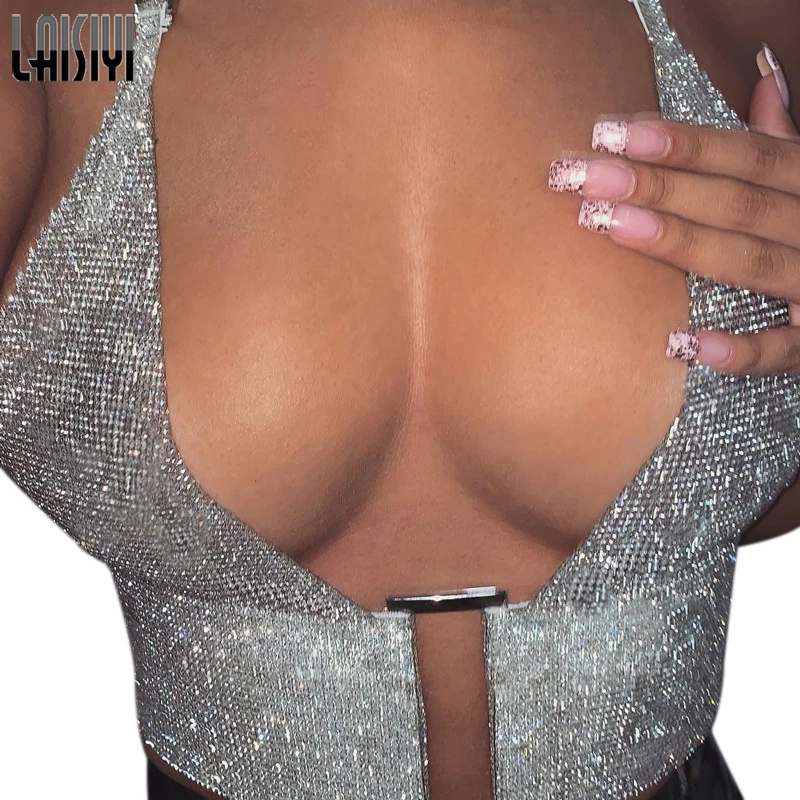 LAISIYI женские майки с глубоким v-образным вырезом, жилеты с блестками и серебряной пряжкой, топ с вырезами, регулируемые Короткие топы на бретелях, майка ASVE20575