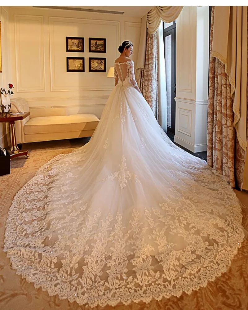

Luxurious Vestido De Noiva 2019 Muslim Wedding Dresses Ball Gown V-neck 3/4 Sleeves Tulle Lace Boho Wedding Gown Bridal Dresses