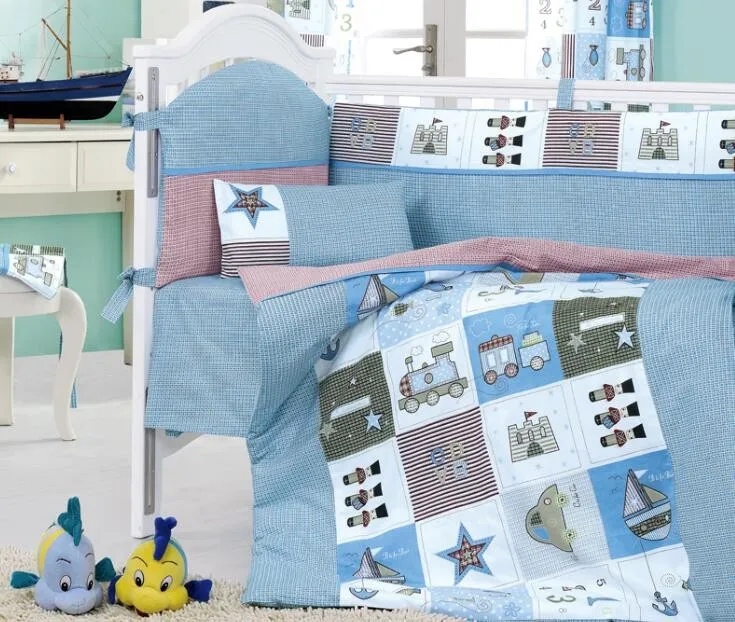 8 Pieces Crib Baby Bedding Set Blue Train Baby Nursery Cot Ropa De