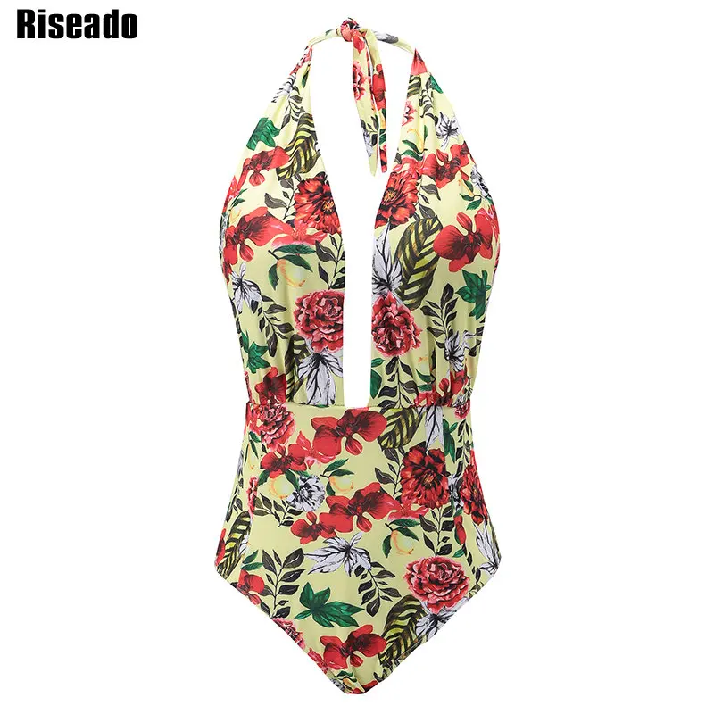 

Riseado Sexy Plunging One Piece Swimsuit 2019 Halter Swimwear Women Floral Printing Swimsuits Bathing Suits Summer Beachwear